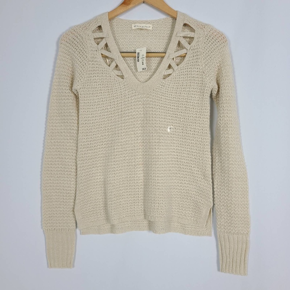 Aeropostale Cream Knit Pullover Sweater V Neck XS